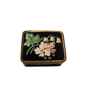 VTG Volupte Brass Hinged Small Pill Box Enamel Floral Design Made in USA